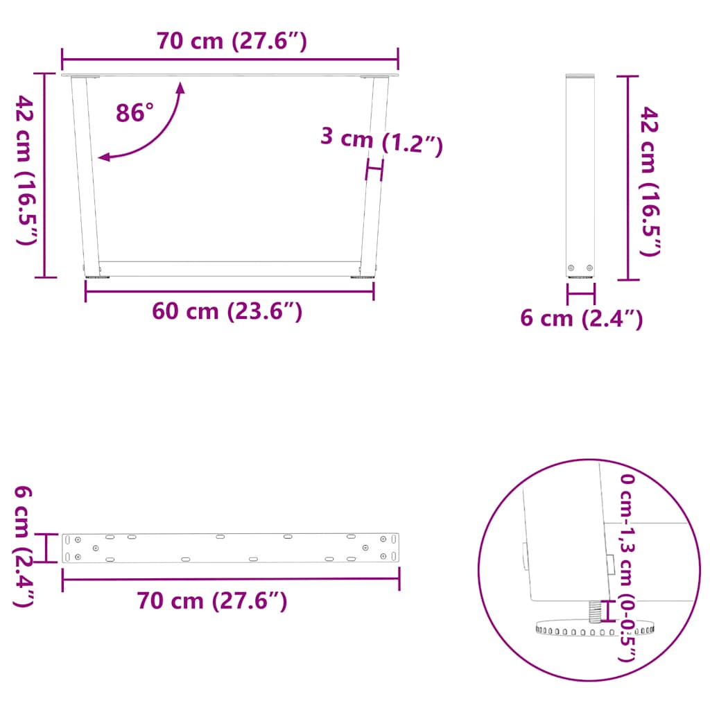 Valgomojo stalo kojos V formos 2 vnt Juoda 70x(42-43,3) cm