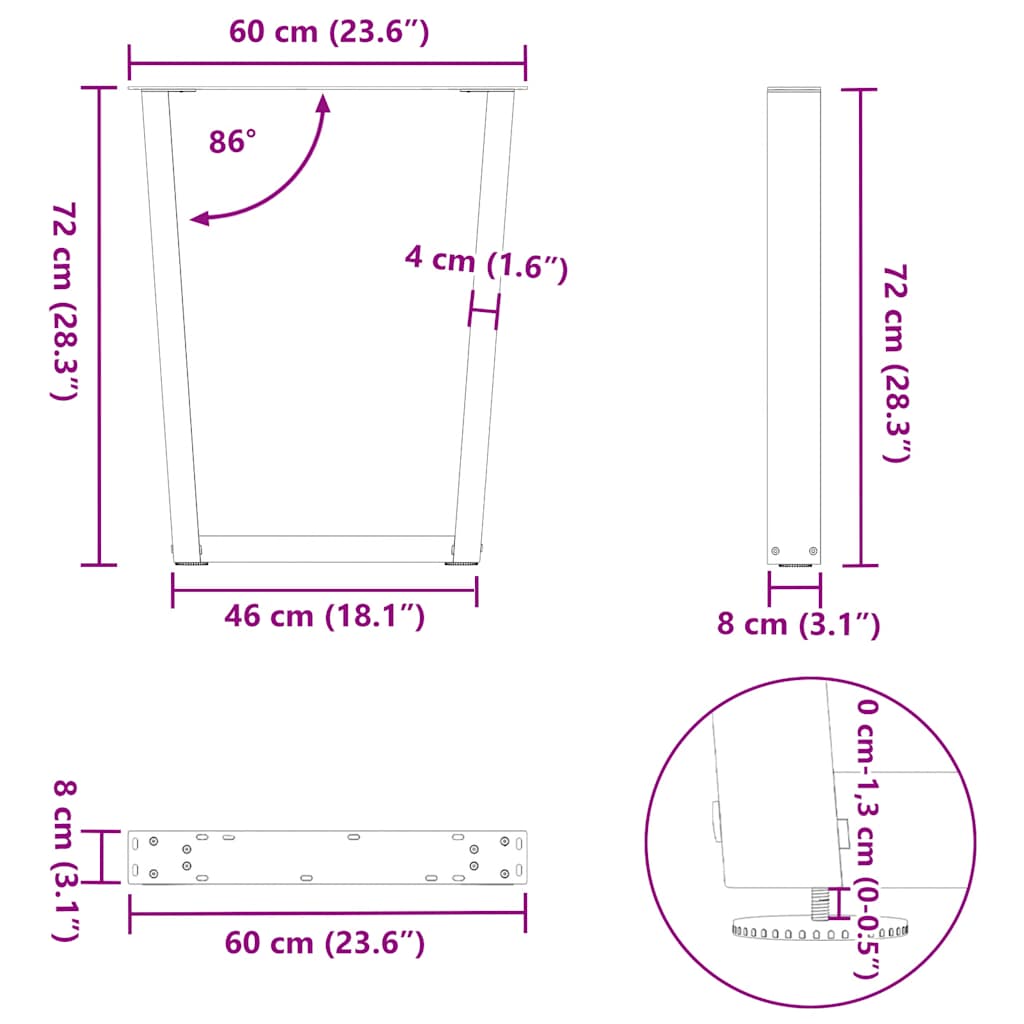 Valgomojo stalo kojos V formos 2 vnt Juoda 60x(72-73,3) cm