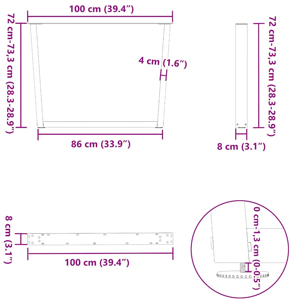 Valgomojo stalo kojos V formos 2 vnt Juoda 100x(72-73,3) cm