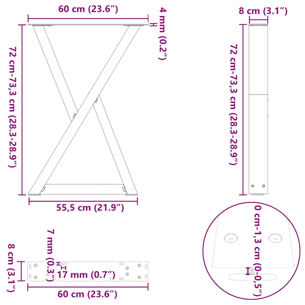 Valgomojo stalo kojos 2 vnt Juoda 60x(72-73,3) cm Plienas