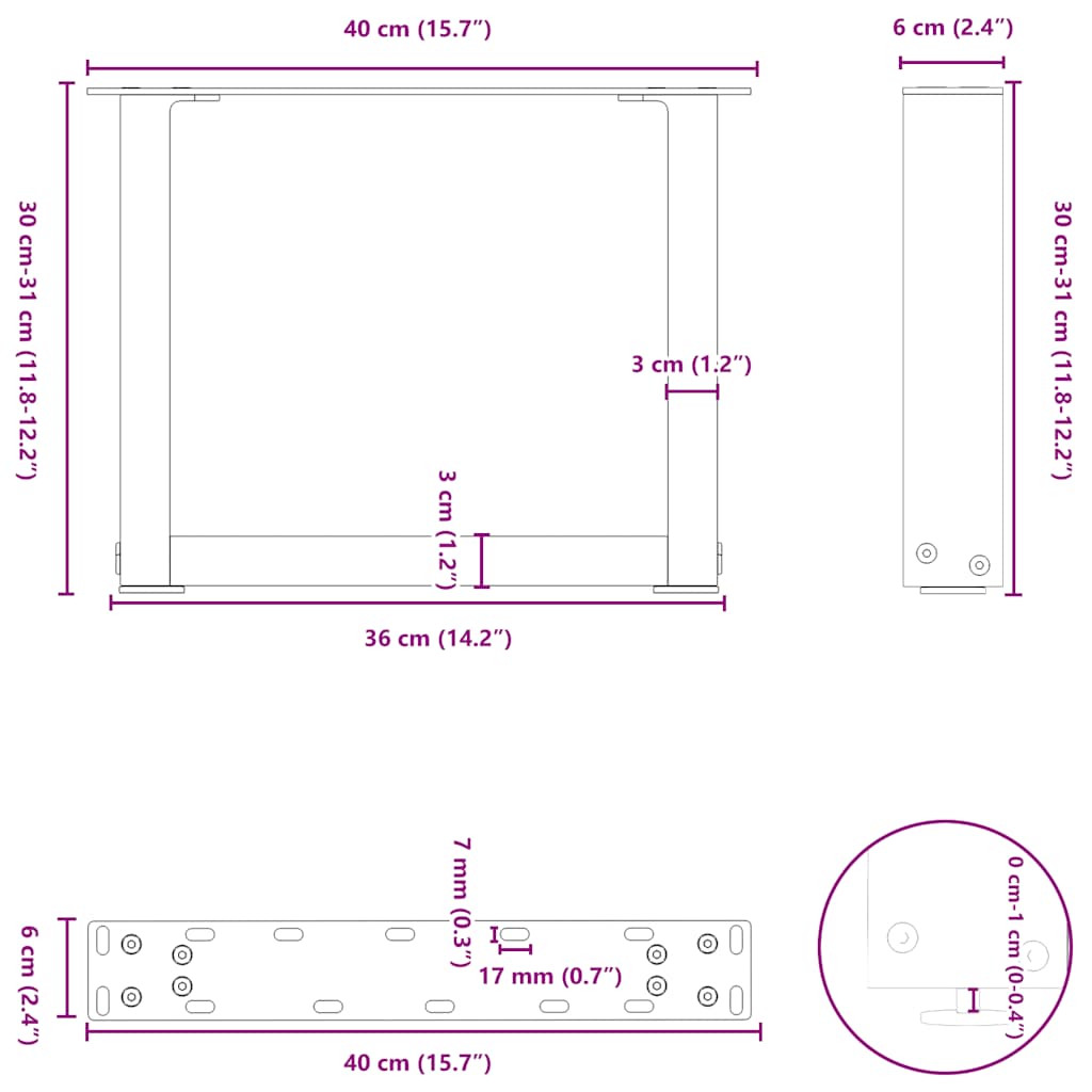 Kavos staliuko kojelės, U formos, 2 vnt., juoda, 40x(30-31)cm