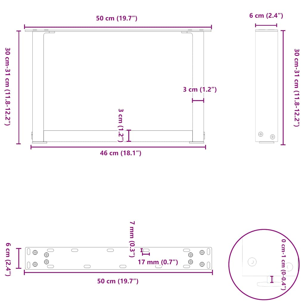 Kavos staliuko kojelės, U formos, 2 vnt., juoda, 50x(30-31)cm