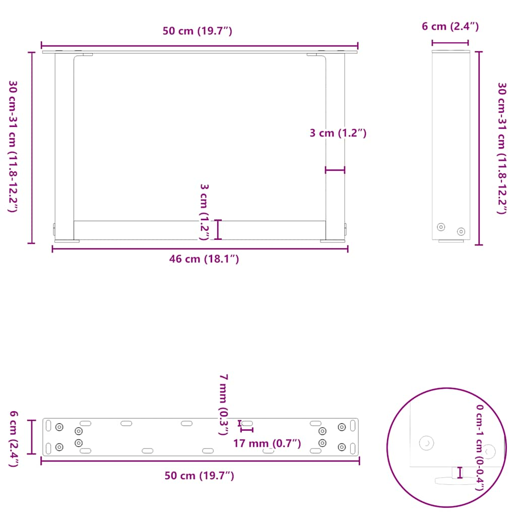 kavos staliuko kojos U formos 2 vnt Baltos 50x(30-31) cm