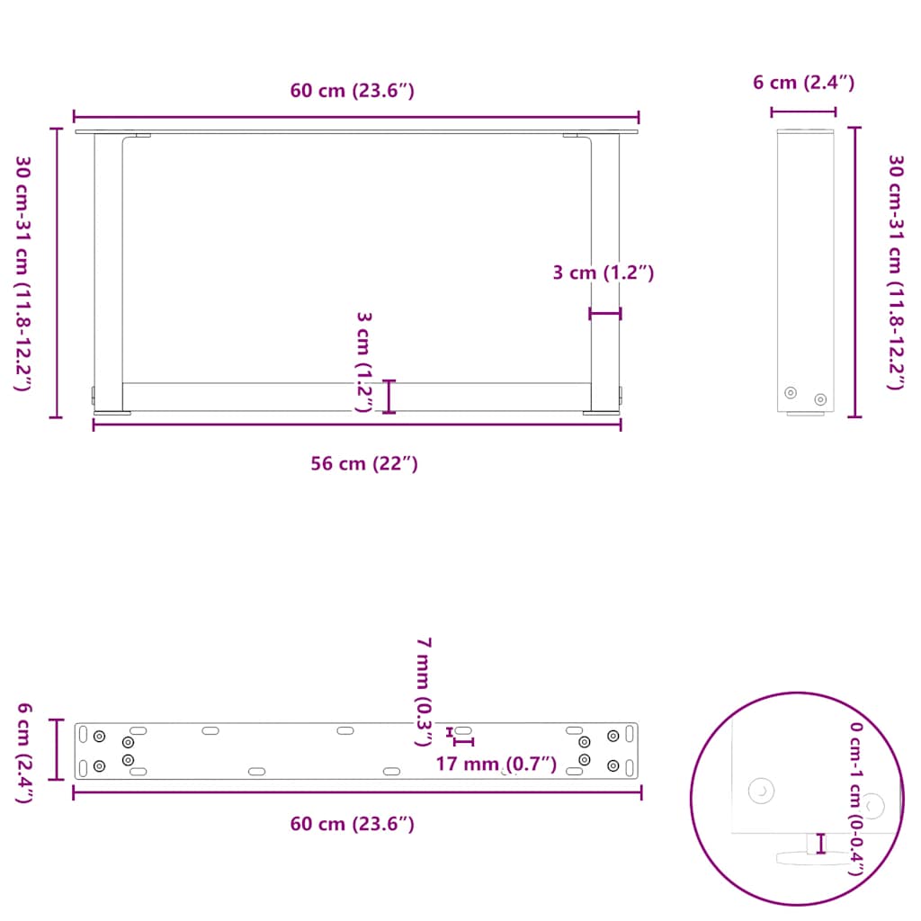 Kavos staliuko kojelės, U formos, 2 vnt., juoda, 60x(30-31)cm