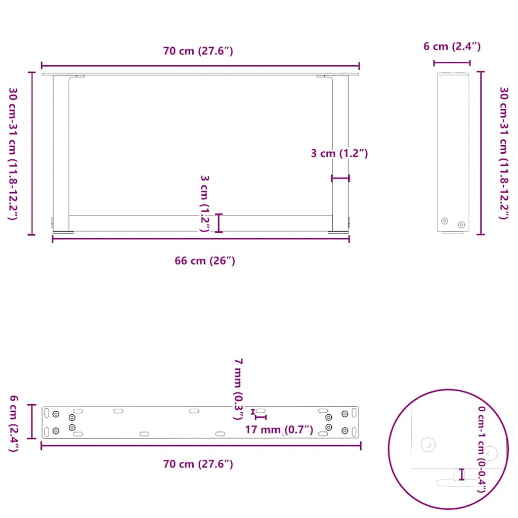 Kavos staliuko kojelės, U formos, 2 vnt., juoda, 70x(30-31)cm