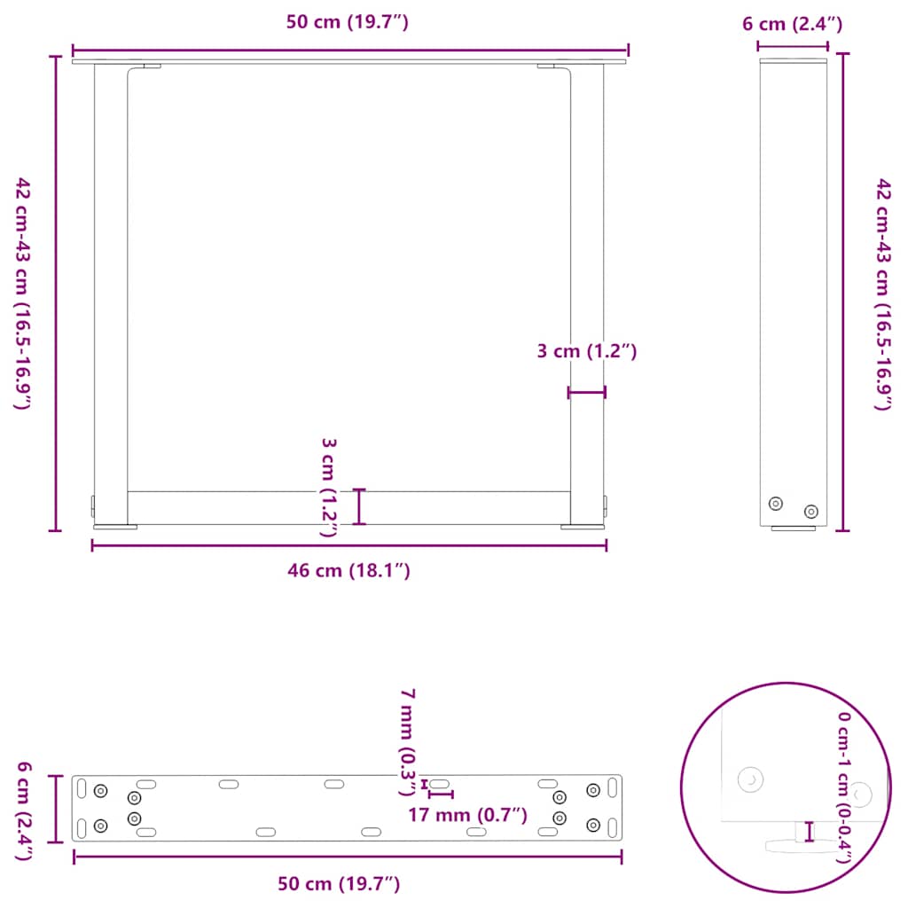 kavos staliuko kojos U formos 2 vnt Baltos 50x(42-43) cm