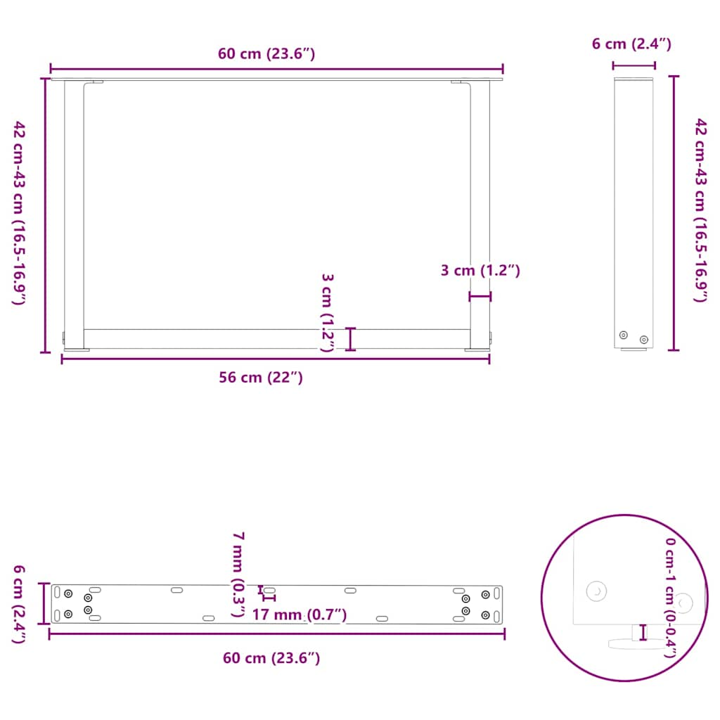 Kavos staliuko kojelės, U formos, 2 vnt., juoda, 60x(42-43) cm