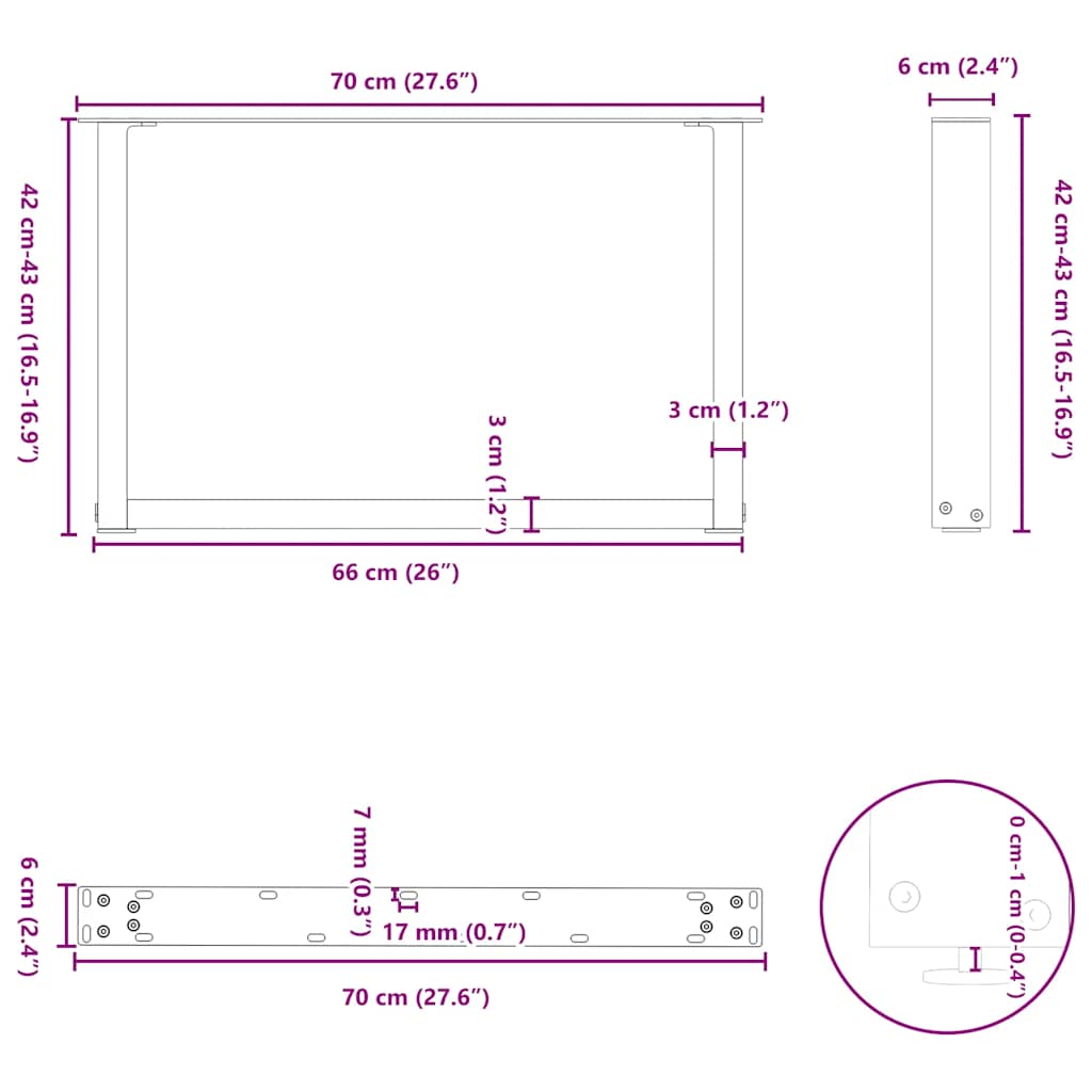 Kavos staliuko kojelės, U formos, 2 vnt., 70x(42-43)cm