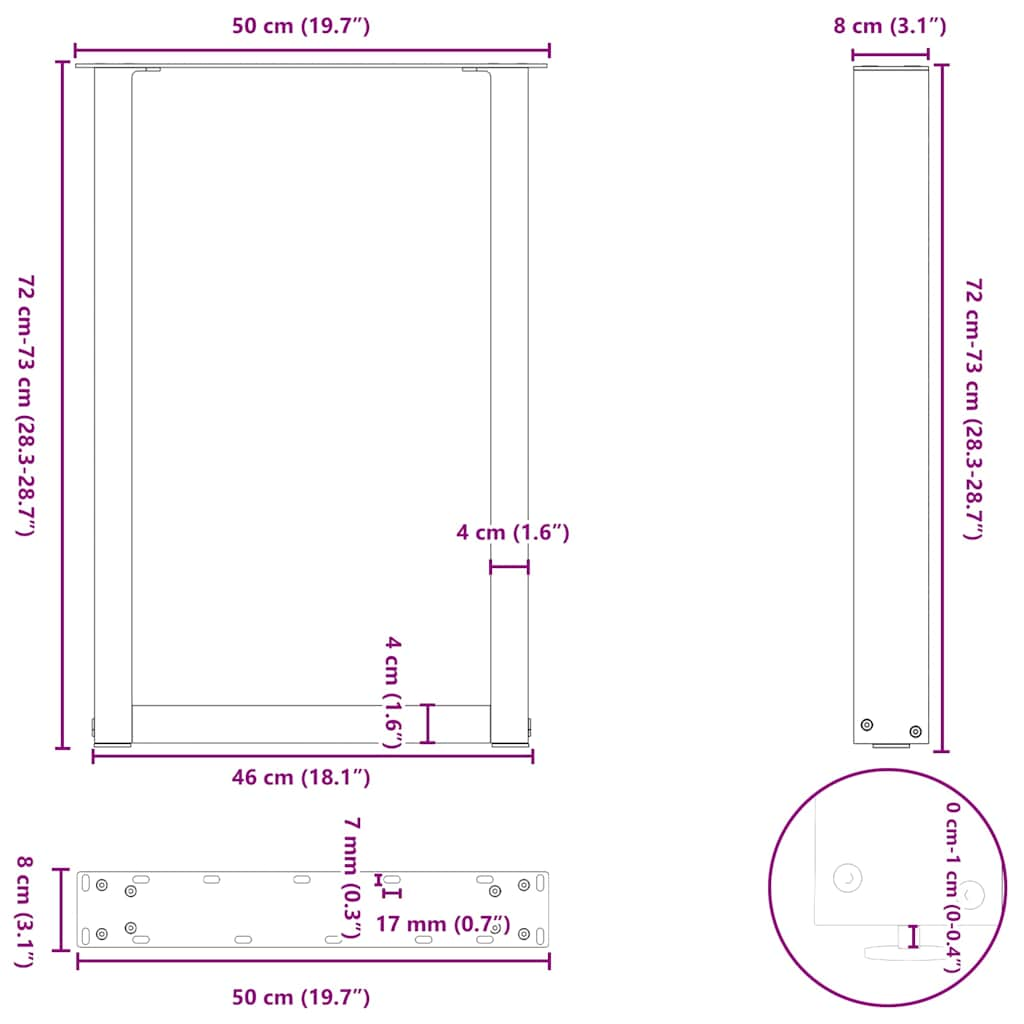 Kavos staliuko kojelės, U formos, 2 vnt., juoda, 50x(72-73)cm