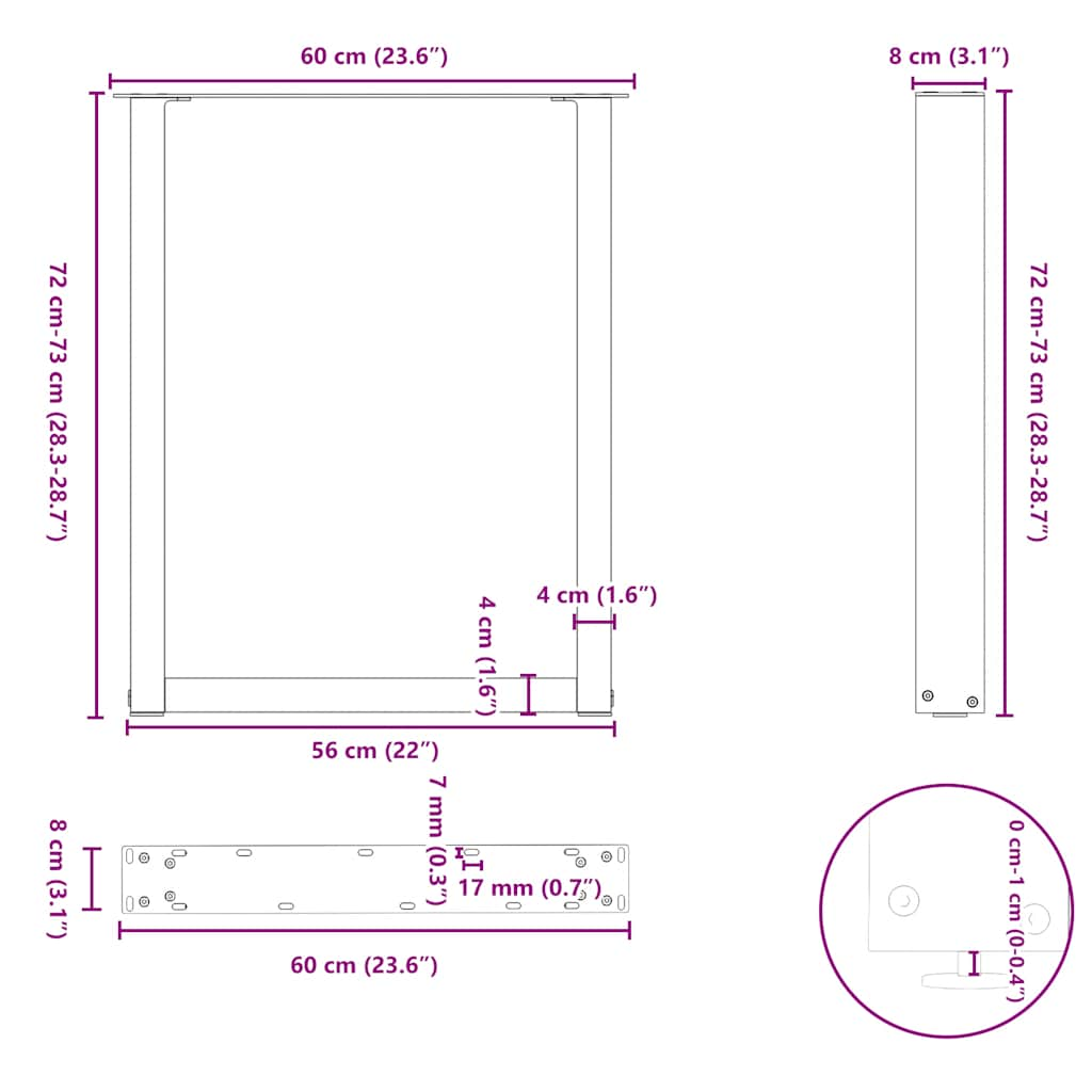 Kavos staliuko kojelės, U formos, 2 vnt., juoda, 60x(72-73) cm