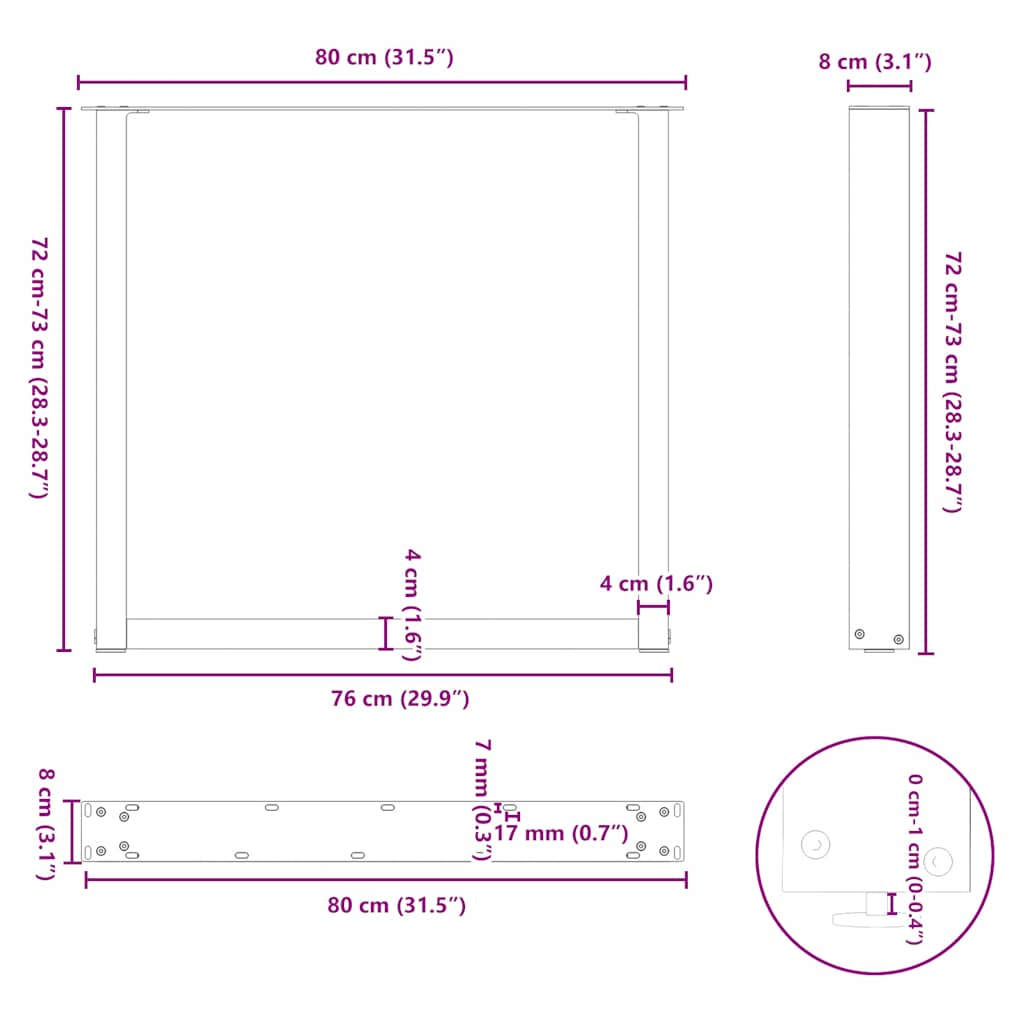 Kavos staliuko kojelės, U formos, 2 vnt., juoda, 80x(72-73) cm