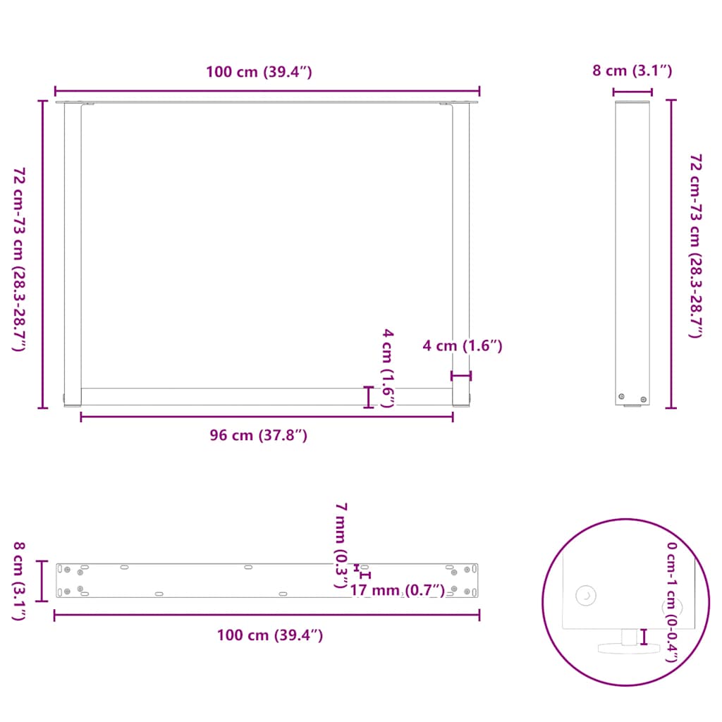 Kavos staliuko kojelės, U formos, 2 vnt., juoda, 100x(72-73) cm