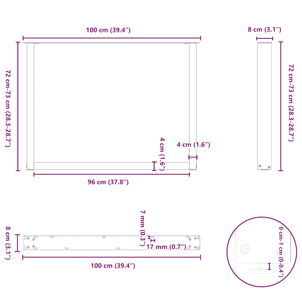 Kavos staliuko kojelės, U formos, 2 vnt., balta, 100x(72-73) cm