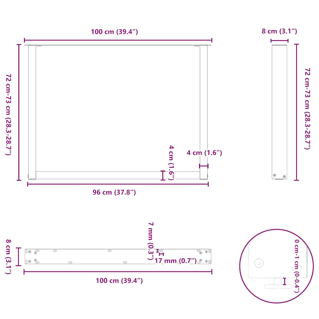 Kavos staliuko kojelės, U formos, 2 vnt., 100x(72-73) cm