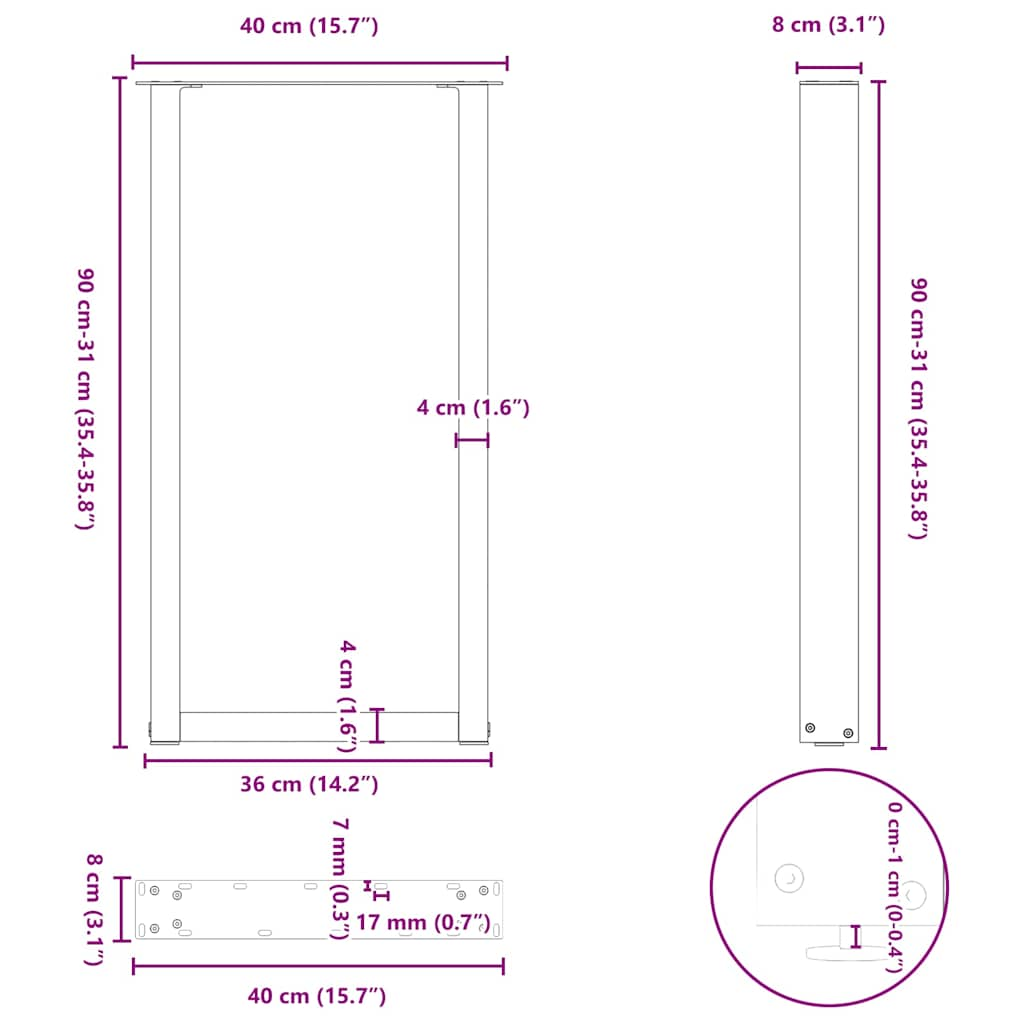 Kavos staliuko kojelės, U formos, 2 vnt., juoda, 40x(90-91) cm