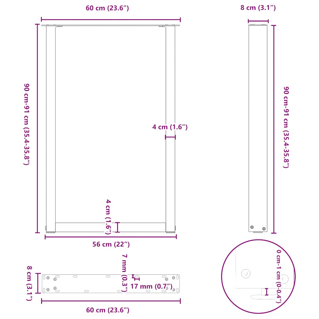 Kavos staliuko kojelės, U formos, 2 vnt., juoda, 60x(90-91) cm