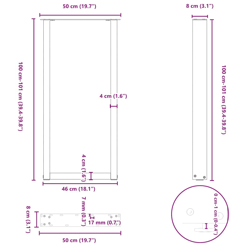 Kavos staliuko kojelės, U formos, 2 vnt., juoda, 50x(100-101)cm