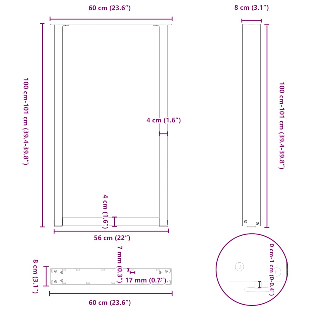 Kavos staliuko kojelės, U formos, 2 vnt., juoda, 60x(100-101)cm