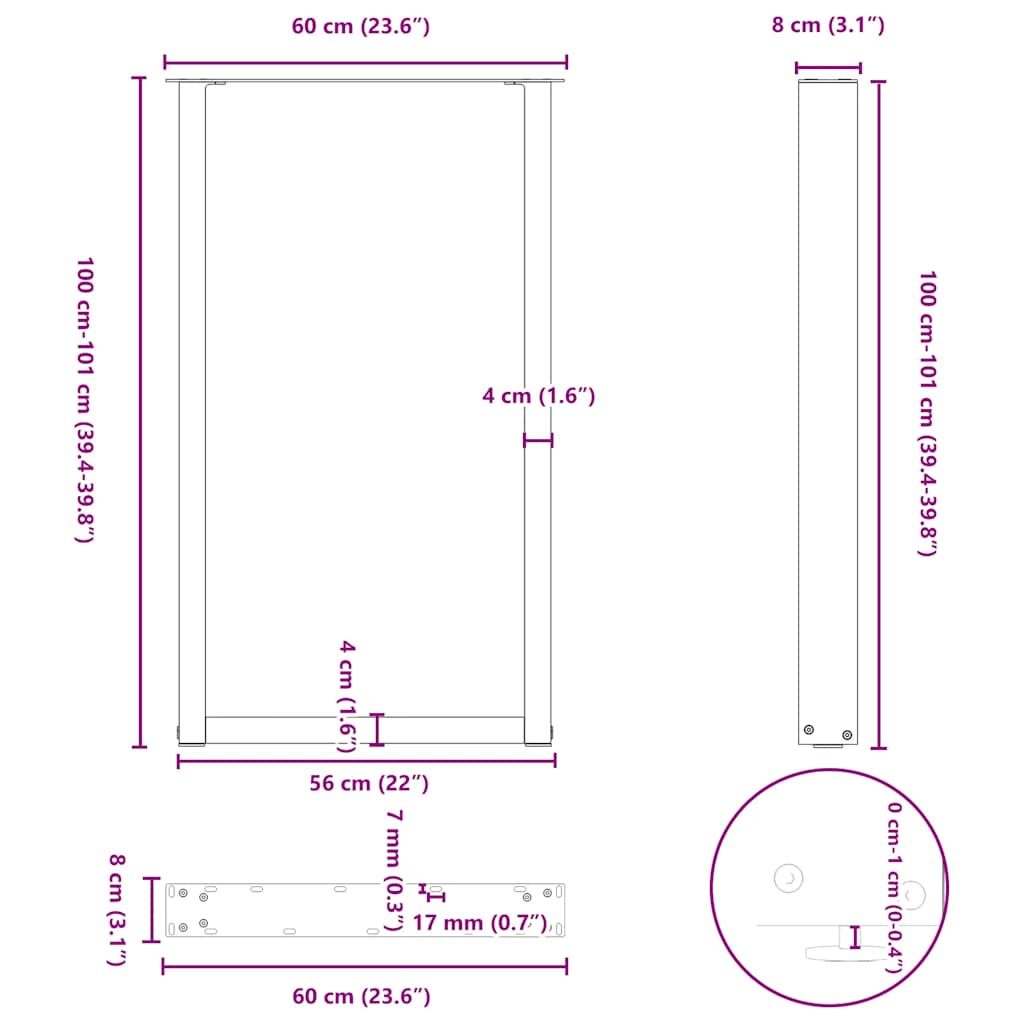 Kavos staliuko kojelės, U formos, 2 vnt., 60x(100-101) cm