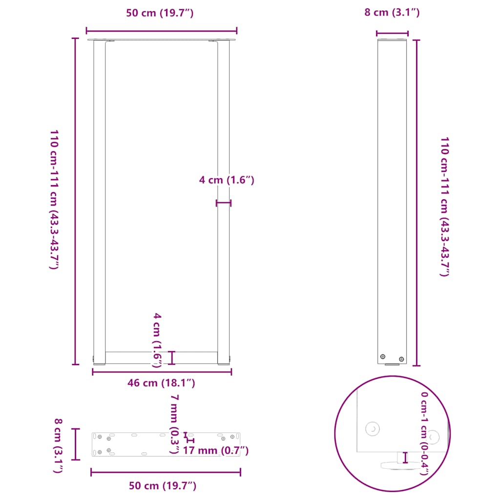 Kavos staliuko kojelės, U formos, 2 vnt., juoda, 50x(110-111)cm