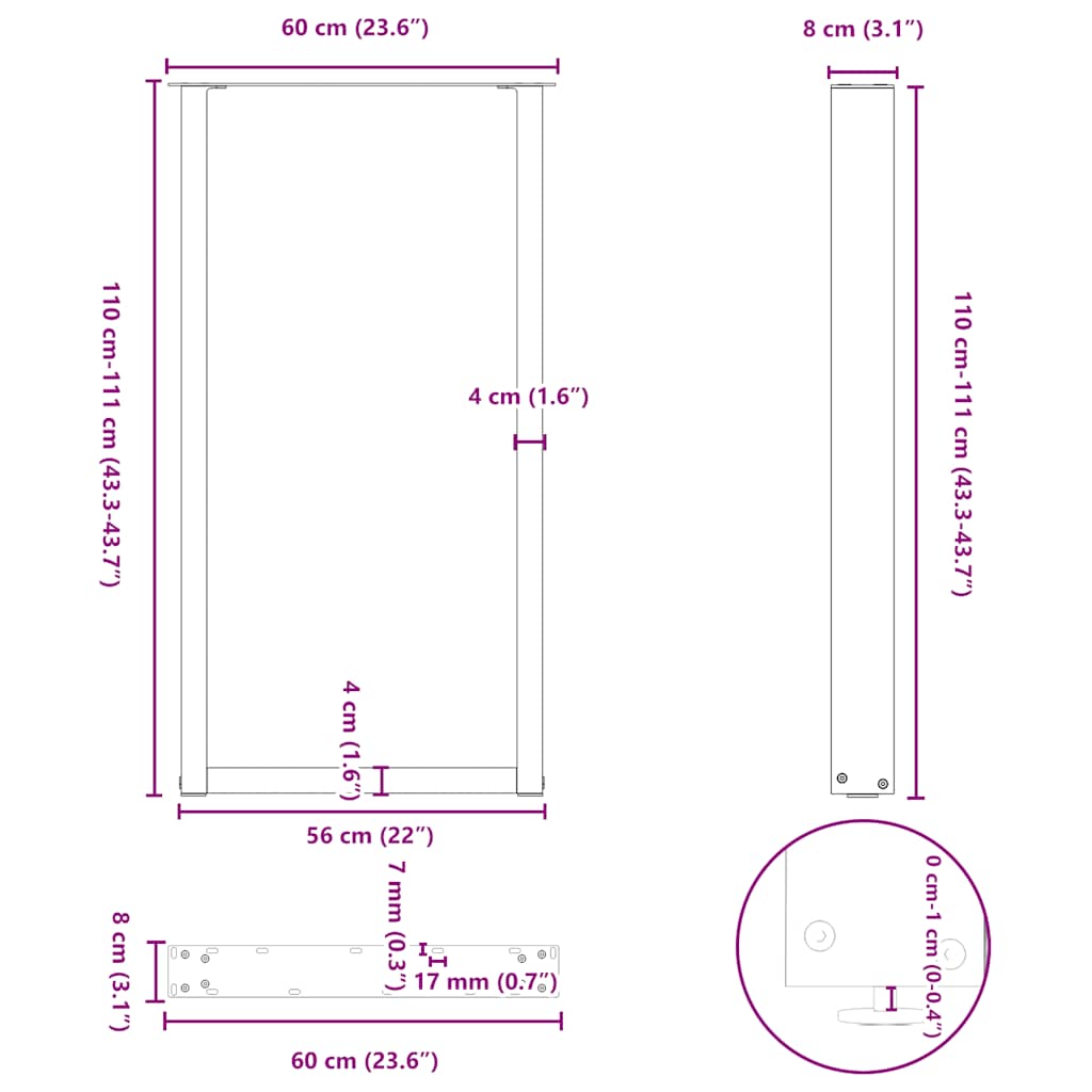 Kavos staliuko kojelės, U formos, 2 vnt., balta, 60x(110-111)cm