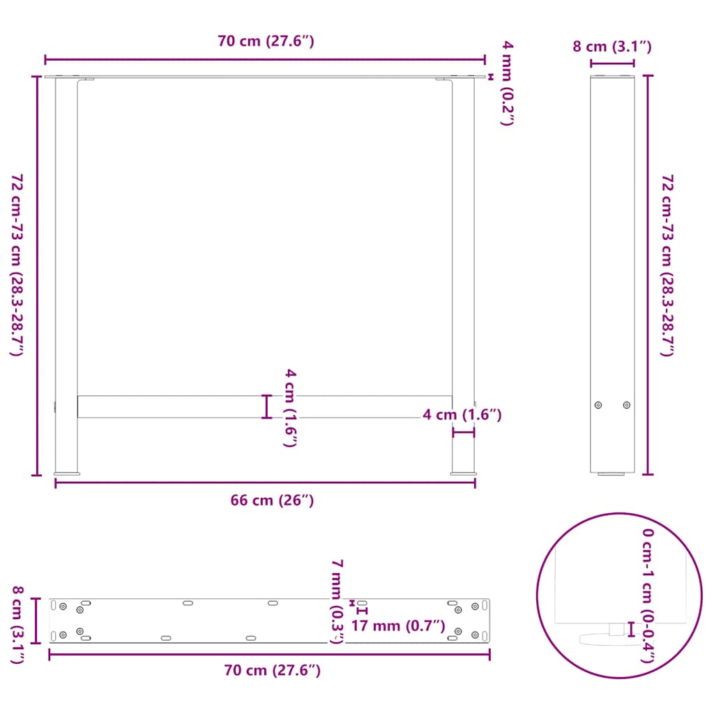 Kavos staliuko kojelės, balta, 2 vnt., 70x(72-73)cm, plienas