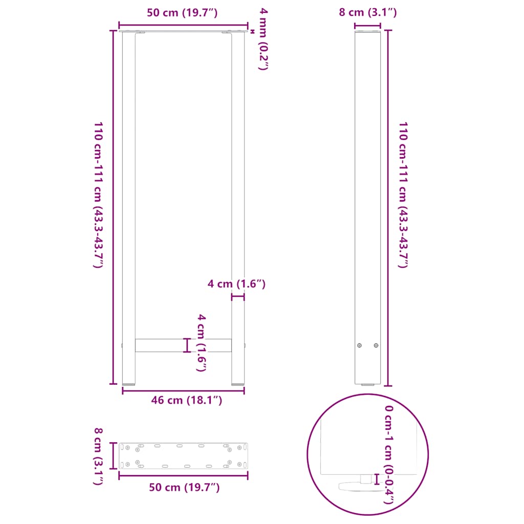 Kavos staliuko kojelės, juoda, 2 vnt., 50x(110-111)cm, plienas