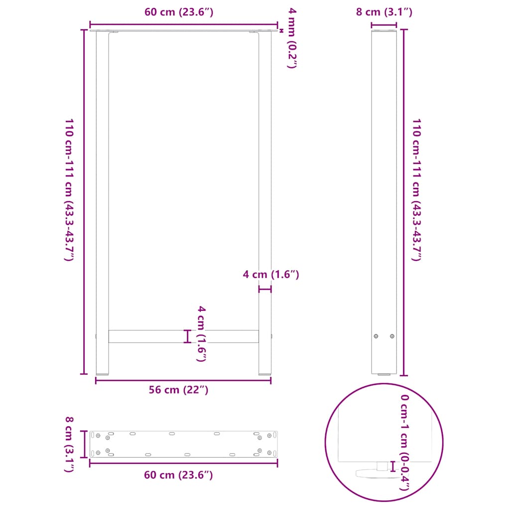 Kavos staliuko kojelės, balta, 2 vnt., 60x(110-111)cm, plienas