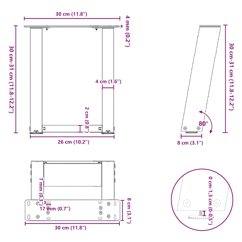 Kavos staliuko kojelės, U formos, 2 vnt., juoda, 30x(30-31)cm