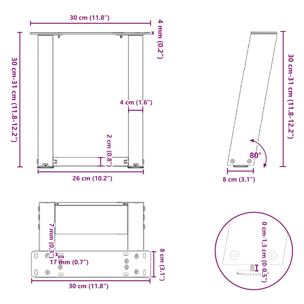 kavos staliuko kojelės U formos 2 vnt Baltos 30x(30-31) cm