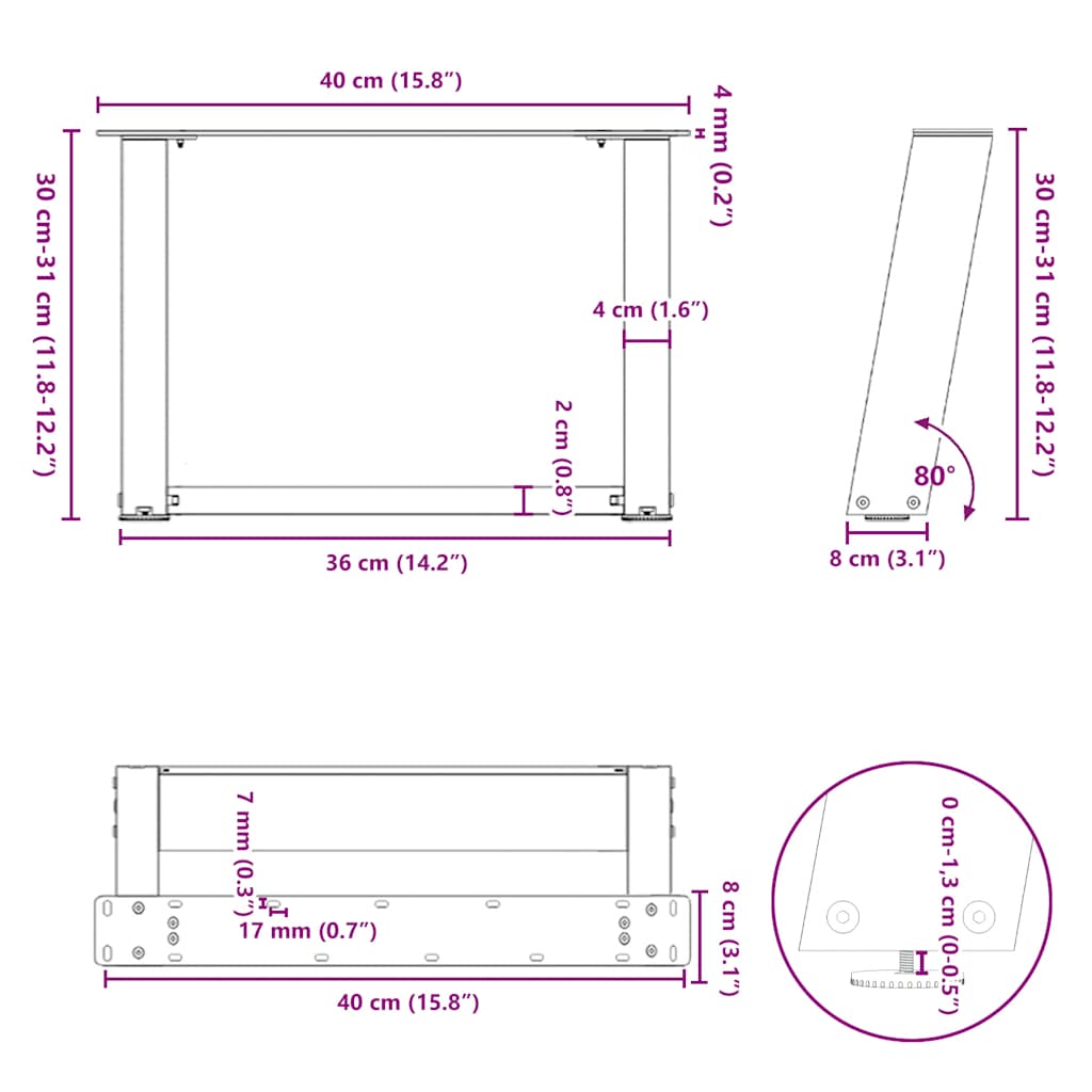 Kavos staliuko kojelės, U formos, 2 vnt., juoda, 40x(30-31)cm