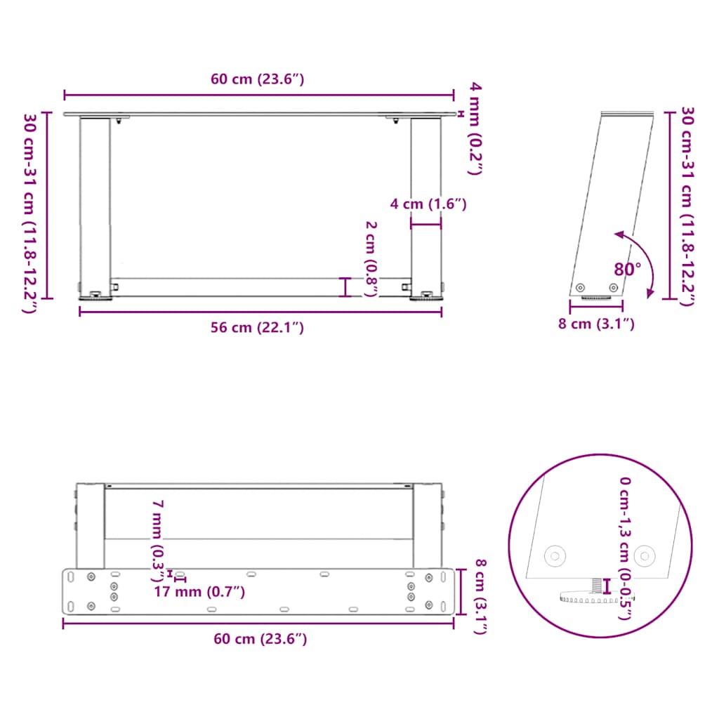 Kavos staliuko kojelės, U formos, 2 vnt., juoda, 60x(30-31)cm