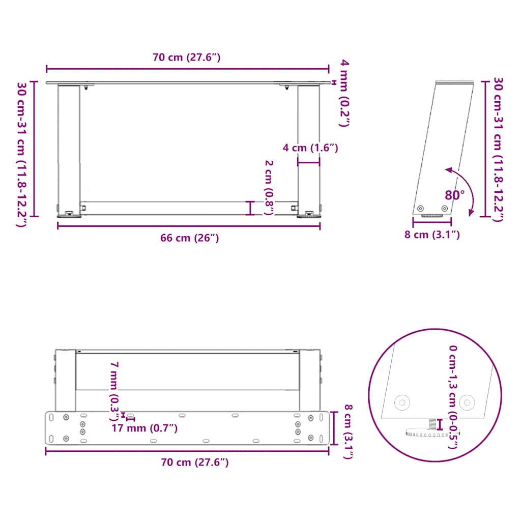 Kavos staliuko kojelės, U formos, 2 vnt., 70x(30-31)cm