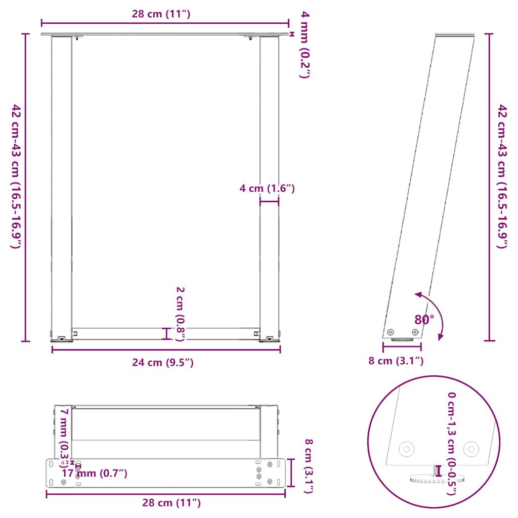 Kavos staliuko kojelės, U formos, 2 vnt., juoda, 28x(42-43) cm