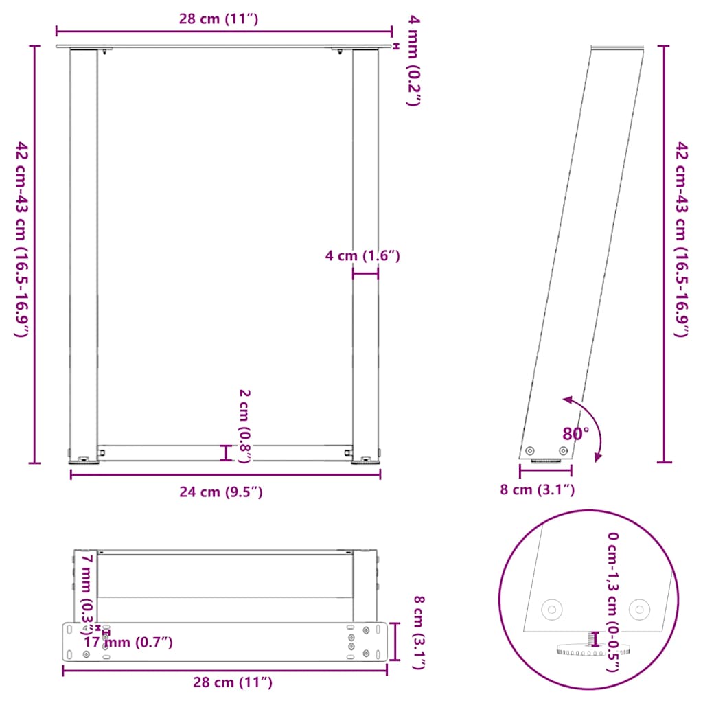 kavos staliuko kojelės U formos 2 vnt Baltos 28x(42-43) cm