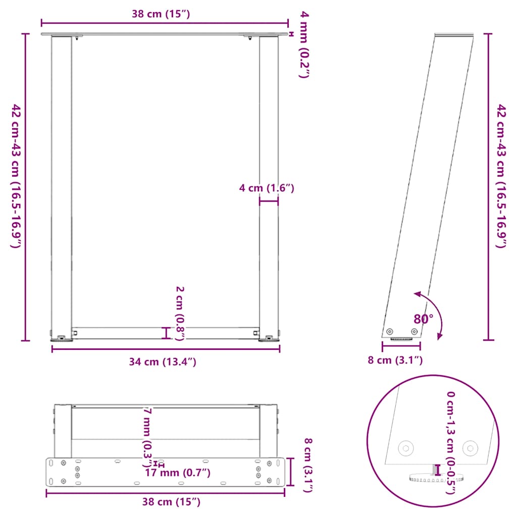 kavos staliuko kojos U formos 2 vnt Baltos 38x(42-43) cm