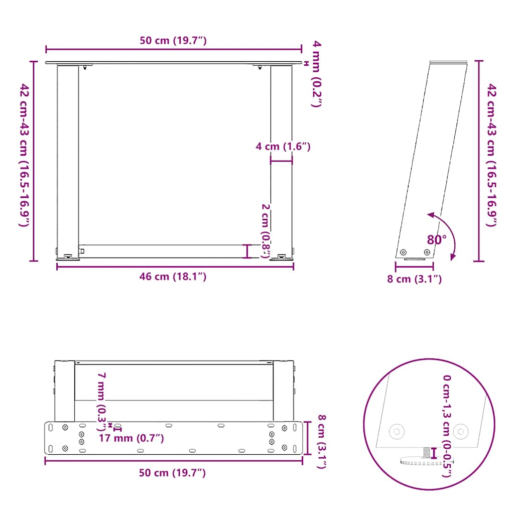 Kavos staliuko kojelės, U formos, 2 vnt., juoda, 50x(42-43) cm