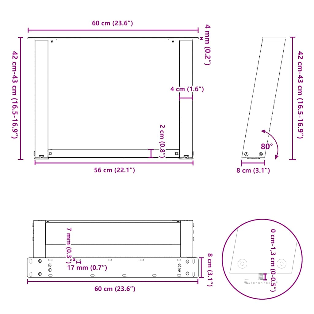 Kavos staliuko kojelės, U formos, 2 vnt., juoda, 60x(42-43) cm