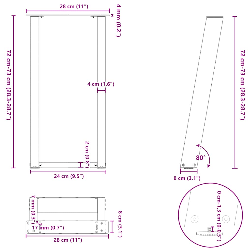 konsolinės stalo kojos U formos 2 vnt Juoda 28x(72-73) cm