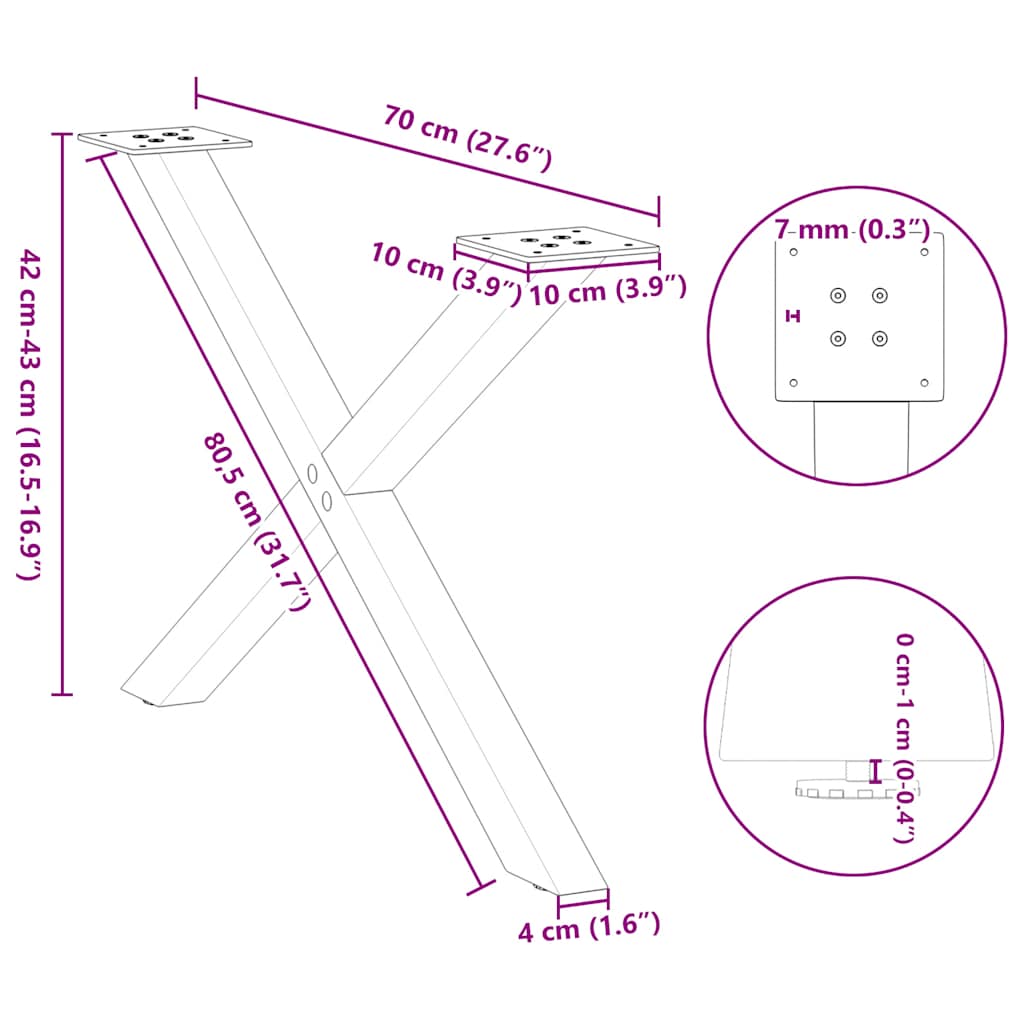 Kavos staliuko kojelės X formos, 2 vnt., 70x(42-43) cm, plienas