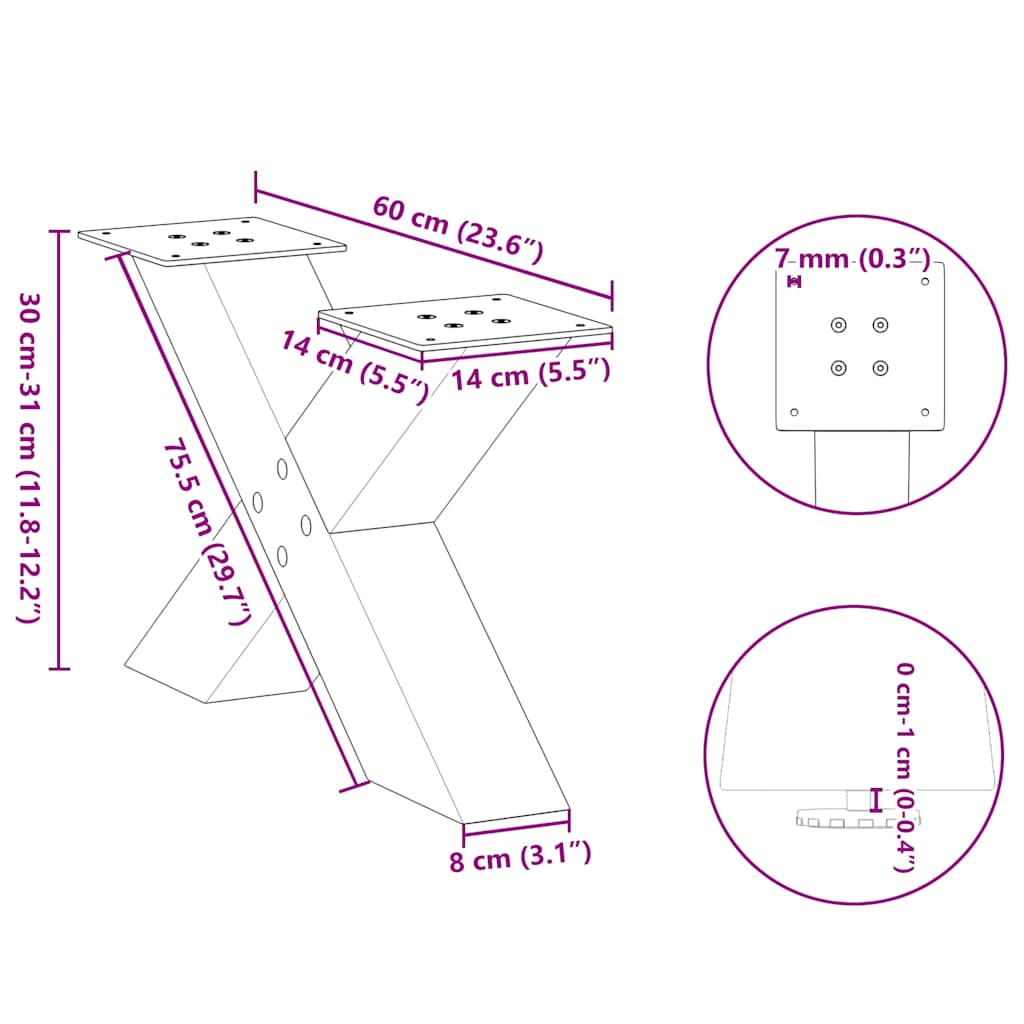 kavos staliuko kojelės X formos 2 vnt Baltos 60x(30-31) cm