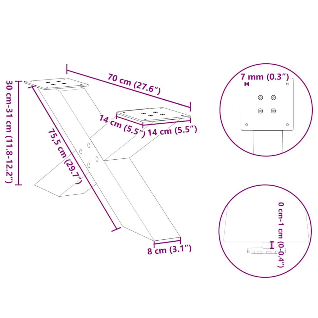 kavos staliuko kojelės X formos 2 vnt Antracitas 70x(30-31) cm