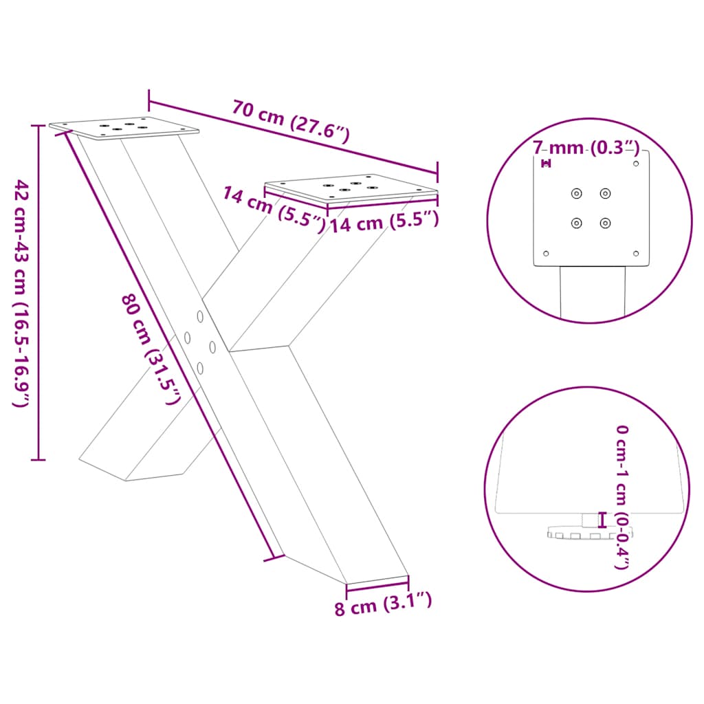 kavos staliuko kojelės X formos 2 vnt Baltos 70x(42-43) cm