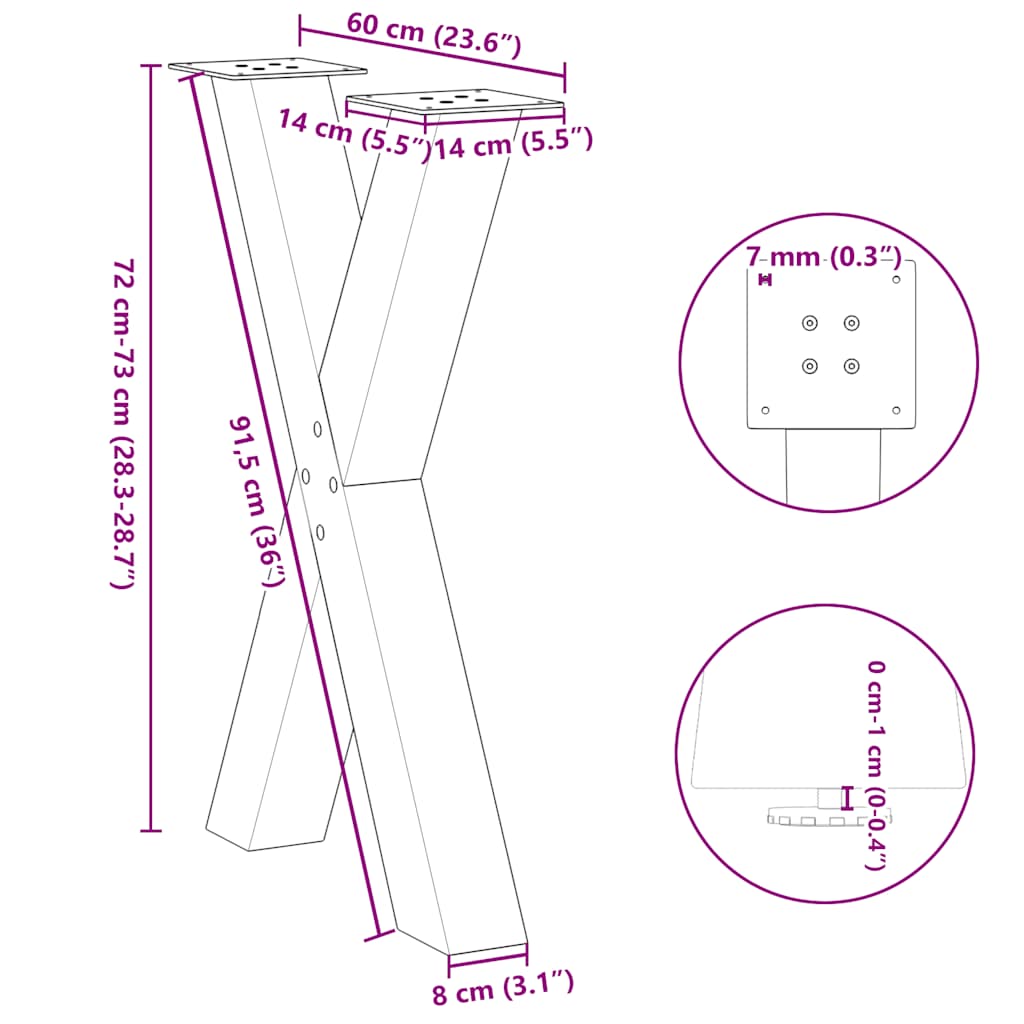 Valgomojo stalo kojelės, X formos, 2 vnt., 60x(72-73) cm