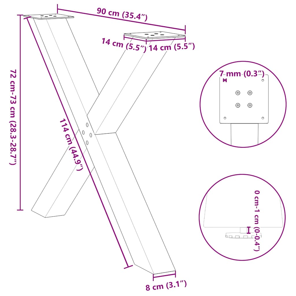 Valgomojo stalo kojelės, X formos, 2 vnt., 90x(72-73)cm plienas