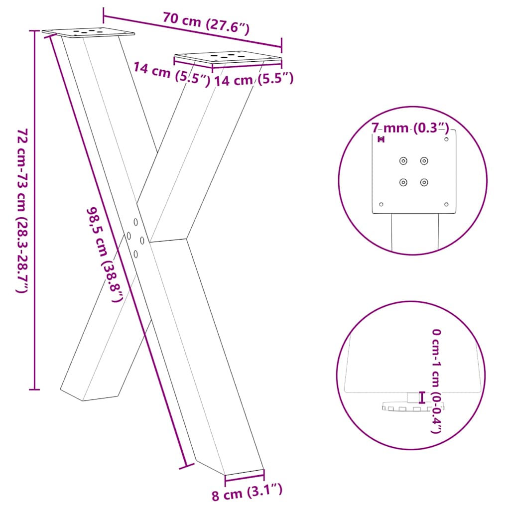 Valgomojo stalo kojelės, X formos, 3 vnt., 70x(72-73)cm