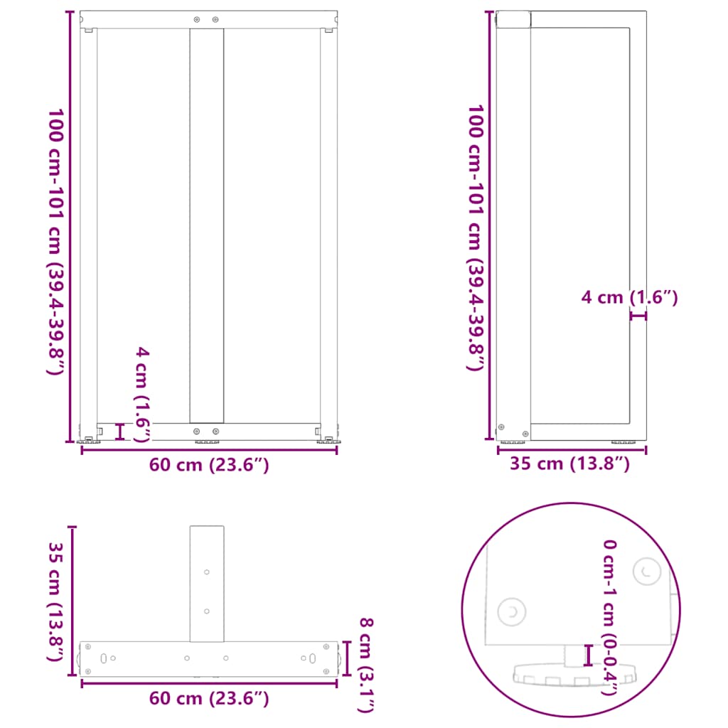 Baro stalo kojos, T formos, 2 vnt., balta, 60x35x(100-101)cm