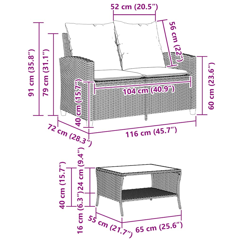 Dvivietė sodo sofa su pagalvėlėmis ir staliuku, pilkos spalvos