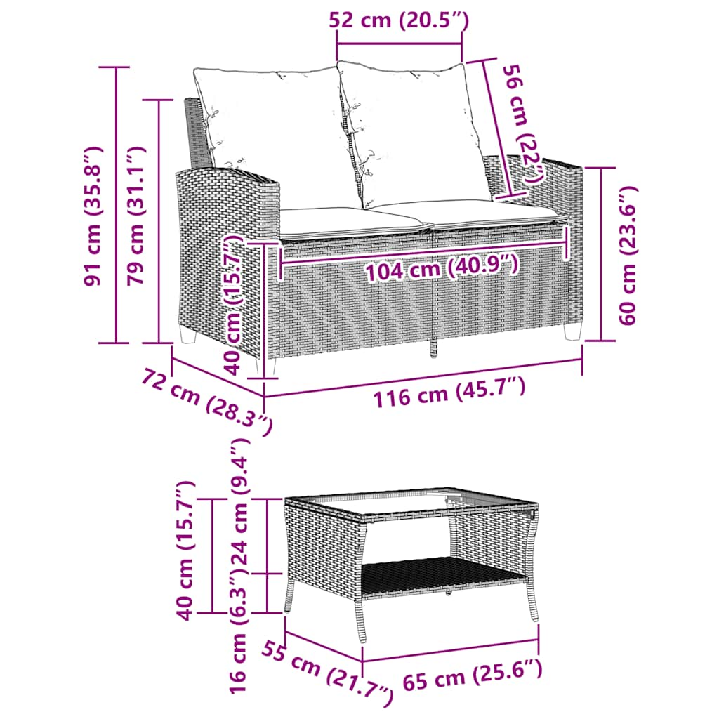 Dvivietė sodo sofa su pagalvėlėmis ir staliuku, šviesiai pilka