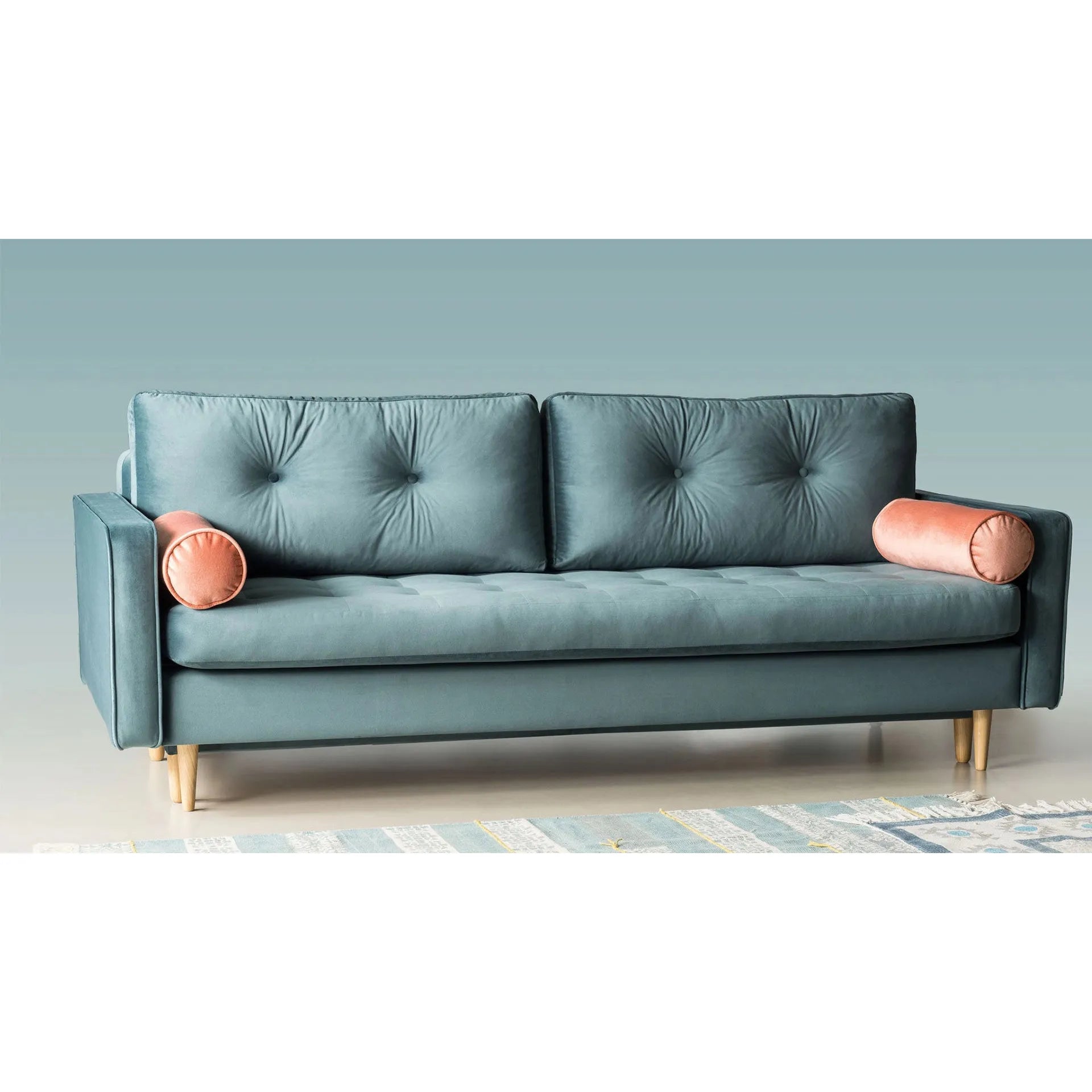ESME dygsniuota 3 vietų sofa lova, žalia/mėlyna spalva